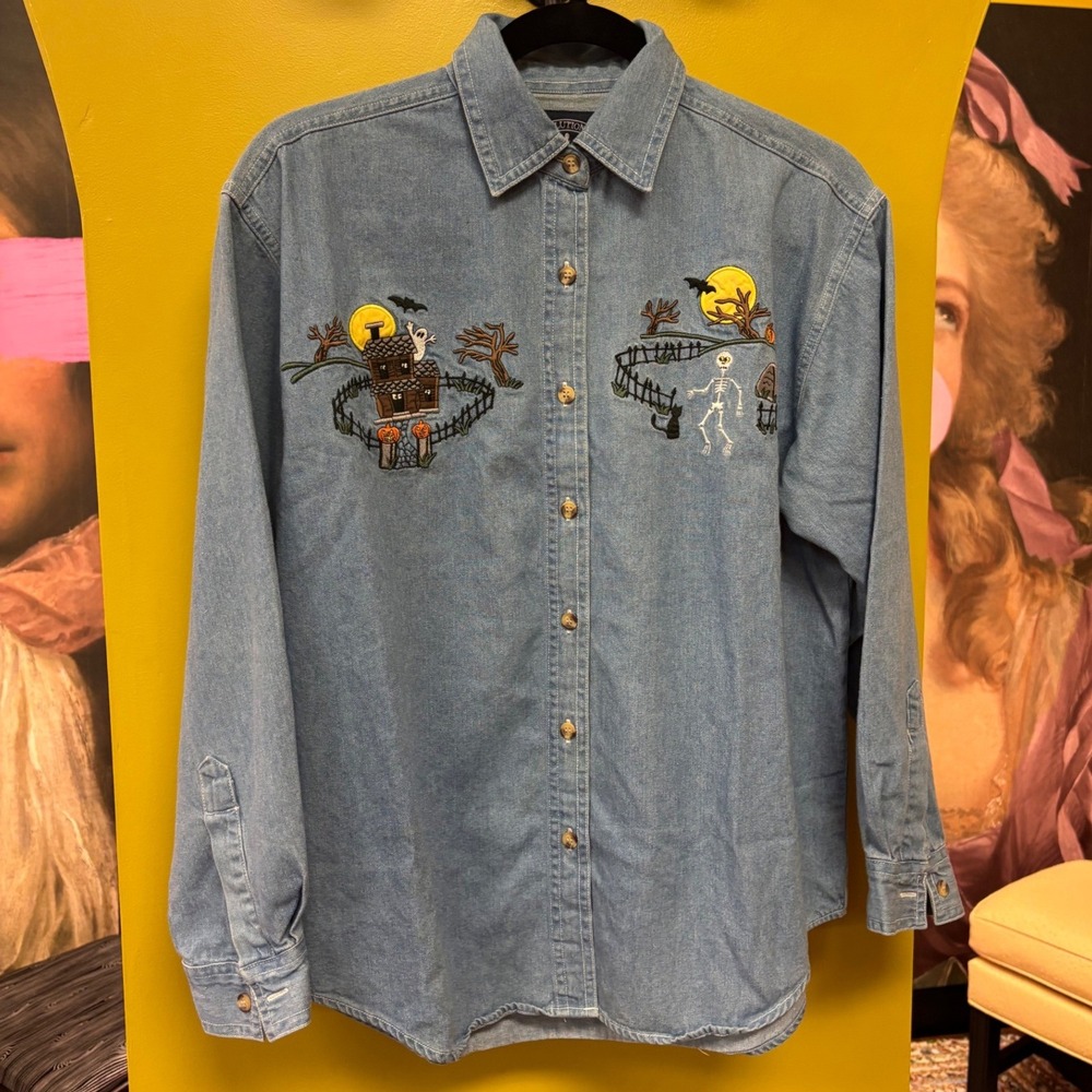 Halloween Embroidered Denim Shirt Vintage 90s Blue Cotton S Spooky Teacher